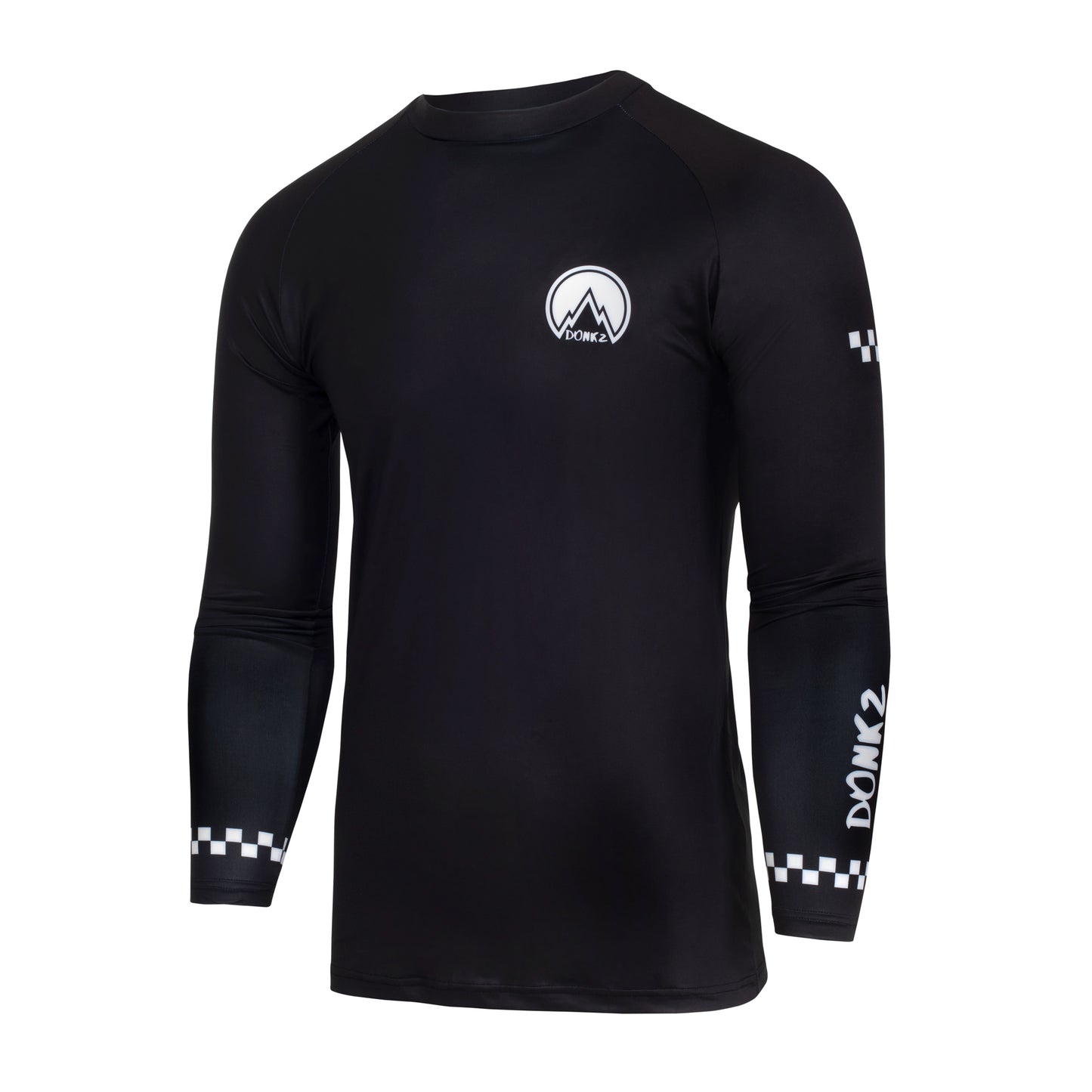Black, stretchy, fitted compression top with white detailing