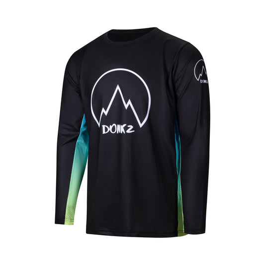 Black jersey with mesh green-blue sides. Donkz Racing logo in white
