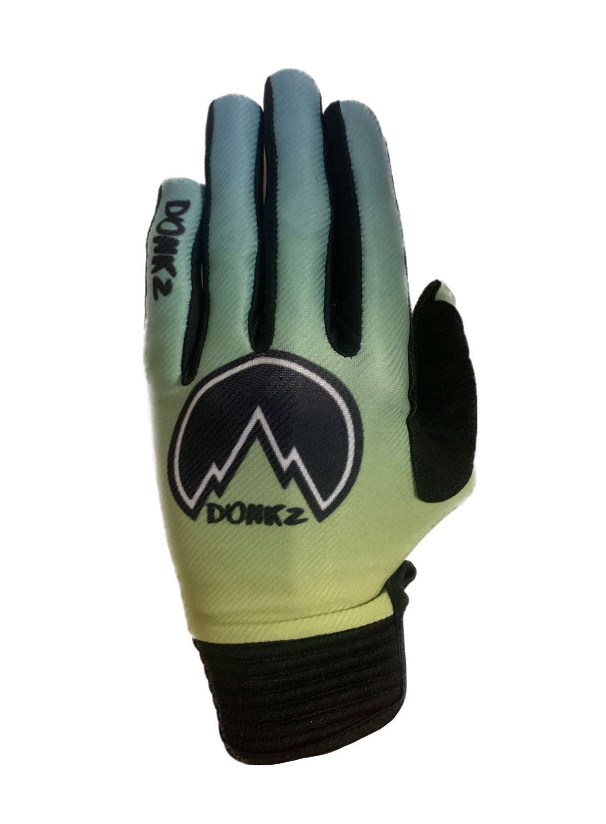 Donkz MX gloves. Blue to green gradient with Donkz logo