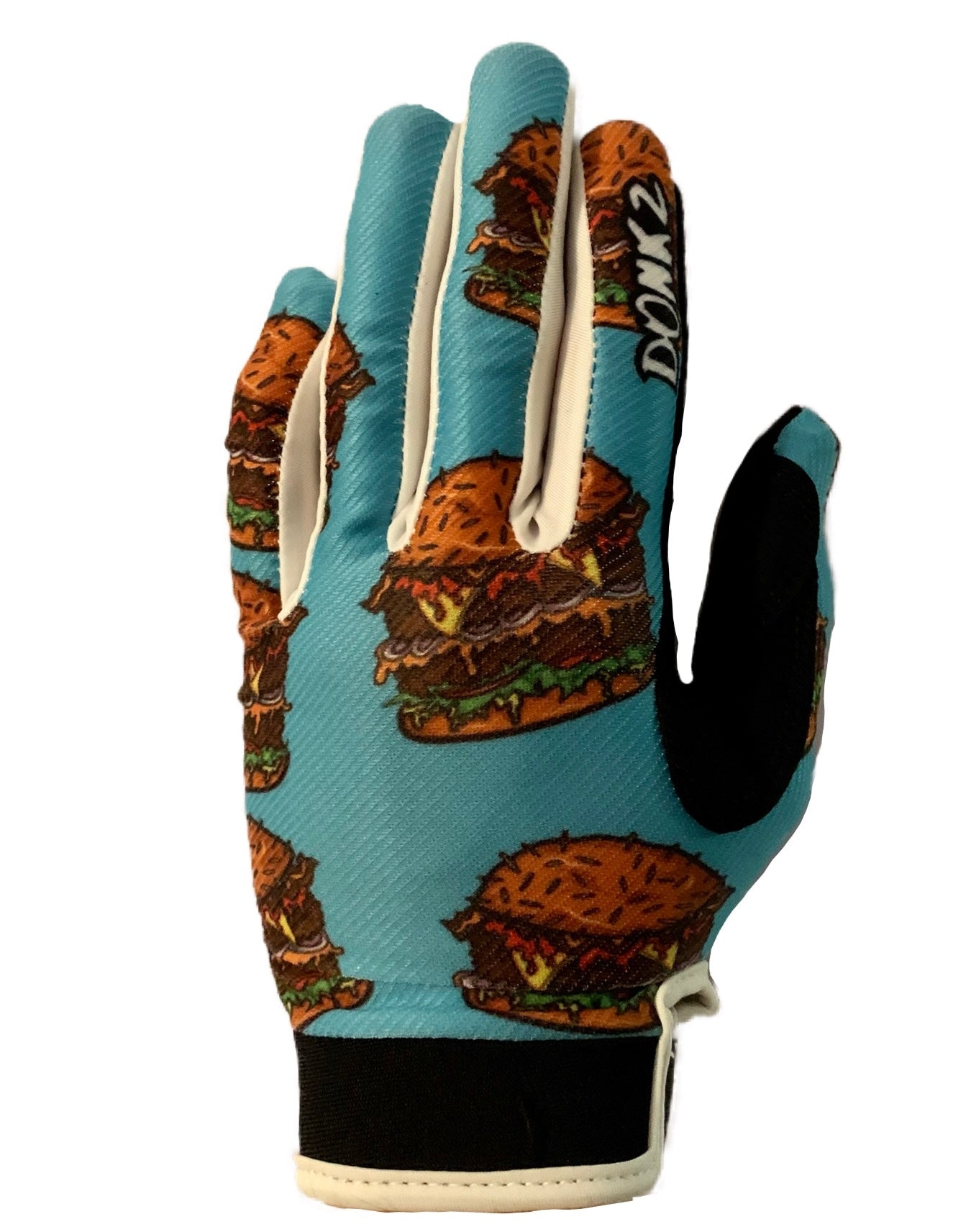 Blue MX gloves with burger print