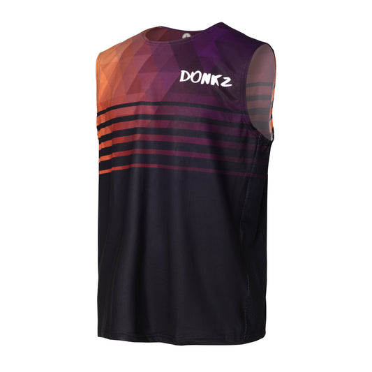 Black, orange and purple MX / Enduro Vest. Slick design with shapes and lines to stand out. White Donkz logo.