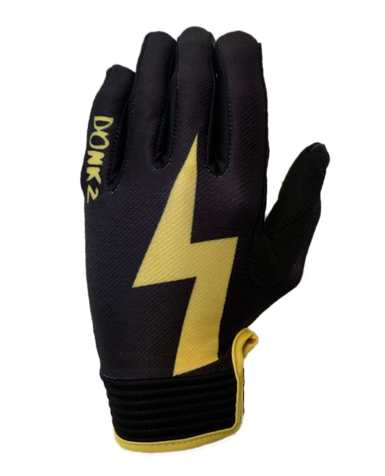 Black Donkz MX gloves with yellow lightning bolt